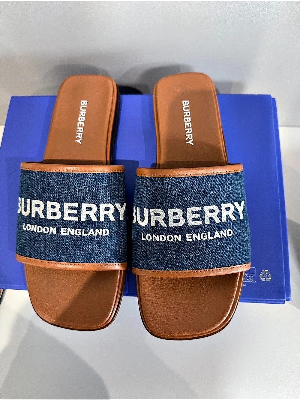 Burberry Carolyn Denim Logo Flat Slide Sandals EU 36 Brown & Blue